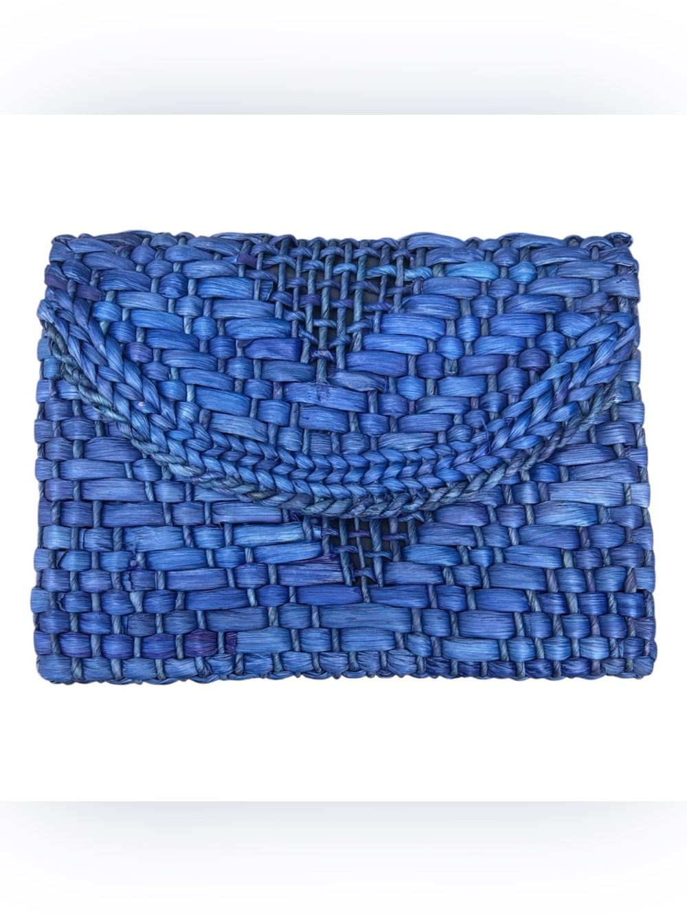 Limited Edition Fold over blue raffia basket weave envelope style clutch purse